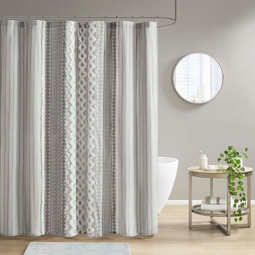 Unbranded Shower Curtain 72 in. W x 72 in. L Cotton Shower Curtain In Gray for Bathroom, 100% Cotton, with Tufted Chenille Stripe (1)