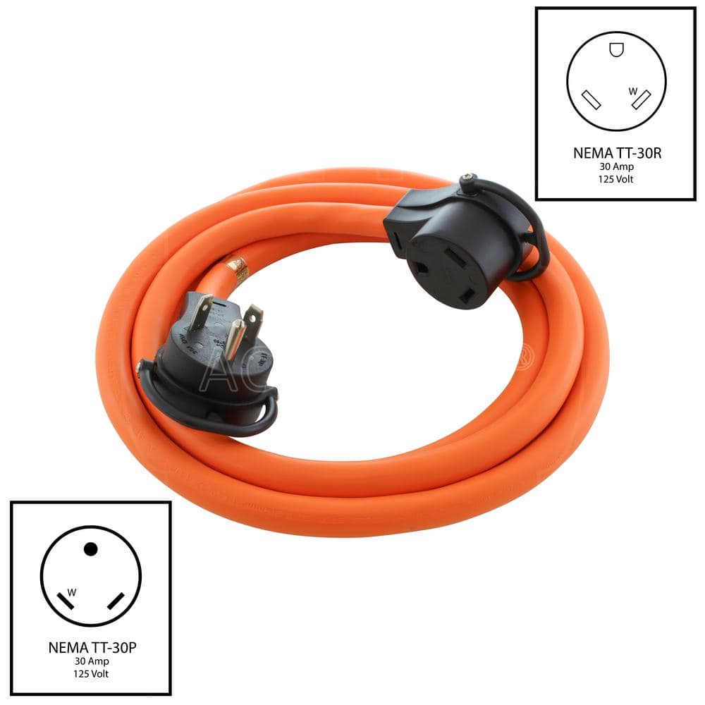 AC WORKS 10 ft. 10/3 30 Amp 125-Volt NEMA TT-30 RV Indoor/Outdoor Extension Cord with Handle in Orange (2)