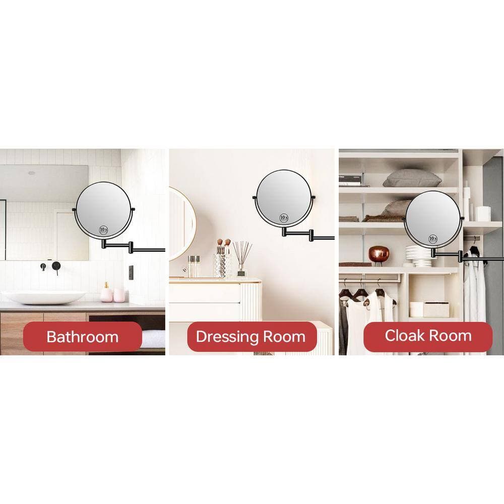 Tileon 8 in. W x 8 in. H Round 1X/10X Magnifying Adjustable Base Height and Extension Wall Bathroom Makeup Mirror in Black (2)