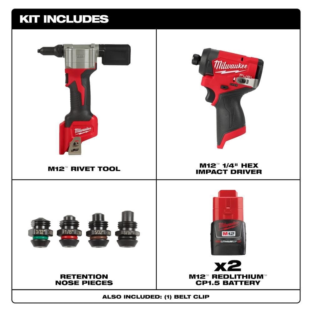 Milwaukee M12 12-Volt Lithium-Ion Cordless Rivet Tool Kit with Impact Driver, (2) 1. 5Ah Batteries and Charger (2)