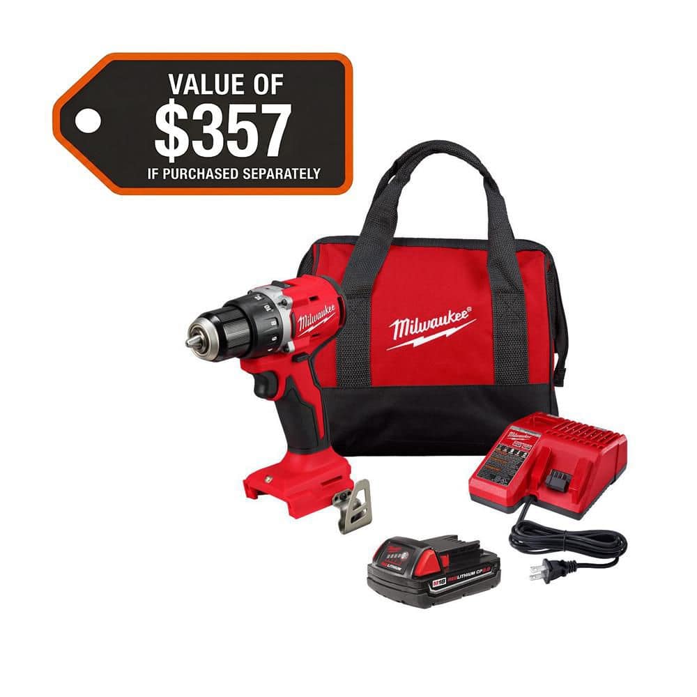 Milwaukee M18 18V Lithium-Ion Brushless Cordless Compact Drill/Driver with One 2.0 Ah Battery, Charger & Bit Set (25-Piece)
