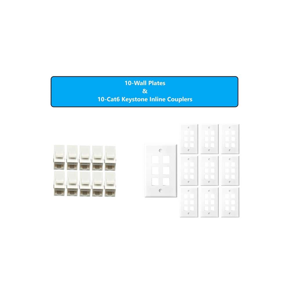Micro Connectors, Inc 10-Pack 1-Gang White Keystone Plastic Wall Plate 6-Port and 10 Cat 6 RJ45 Keystone Inline Couplers White (2)