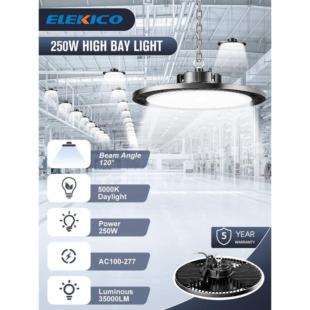 Lukyamzn 250W 35000 LM LED High Bay Work Light AC100-277V Super Bright Durable Commercial Lighting 5000K Easy Install 2-Pack (2)