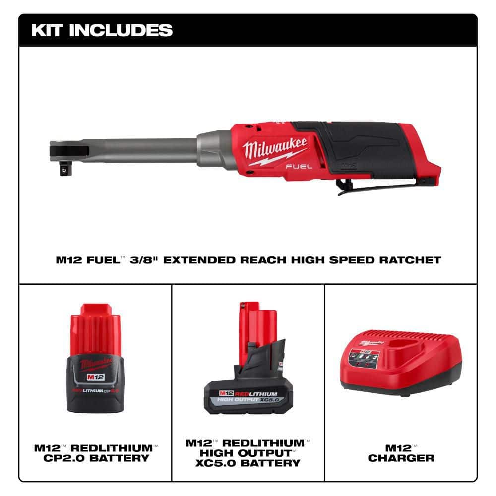 Milwaukee M12 FUEL 12V Li-Ion Brushless 3/8 in. Extended Reach High Speed Cordless Ratchet Kit with Charger with 5.0 Ah Battery (2)