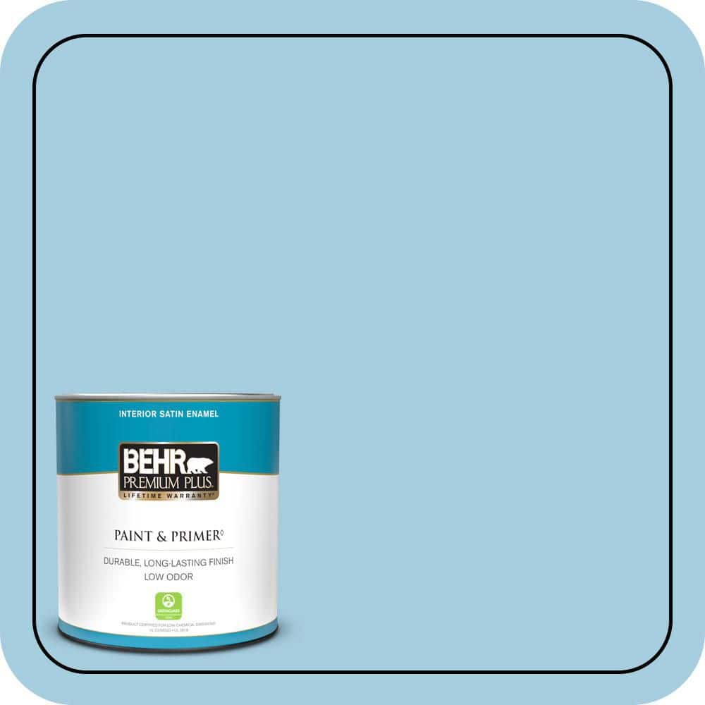 BEHR PREMIUM PLUS 1 qt. #M490-2 Carefree Sky Satin Enamel Low Odor Interior Paint & Primer (1)