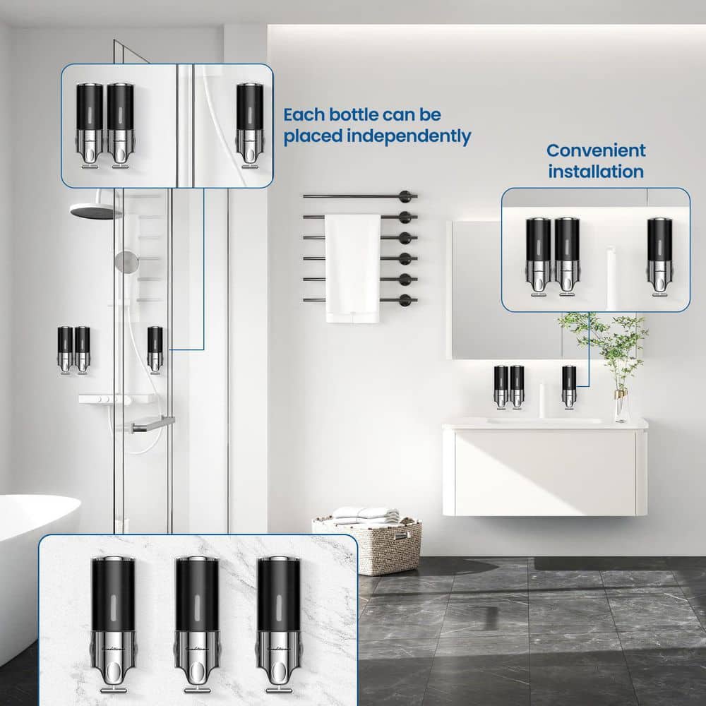 Wudkey 1-Piece Bathroom Accessory Set in Black, Shower Soap Dispenser 3 Chamber No Drill, Dispensers for The Shower (2)