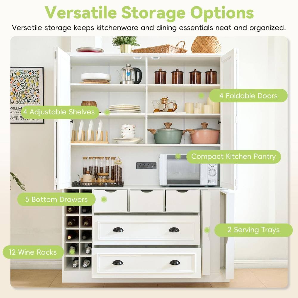 COWLOWN 53.2 in. W x 17.7 in. D x 71 in. H White Linen Cabinet with 4 Foldable Doors,Power Outlet, Wine Racks and Serving Trays (3)