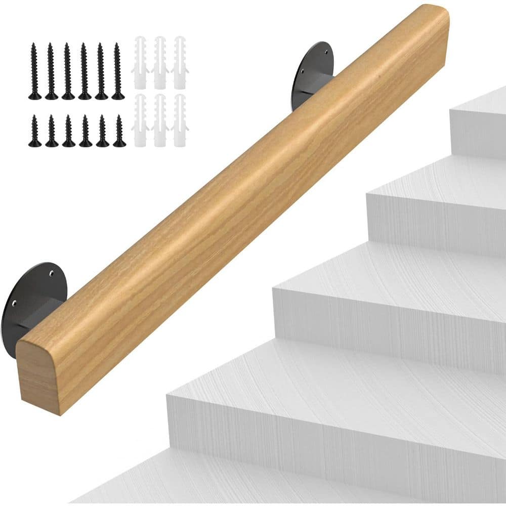 Unbranded 3 ft. Natural Wood Pine Handrail Indoor Outdoor Wall Mount Non-Slip Sturdy Stair Railing with Metal Brackets Kit (2)