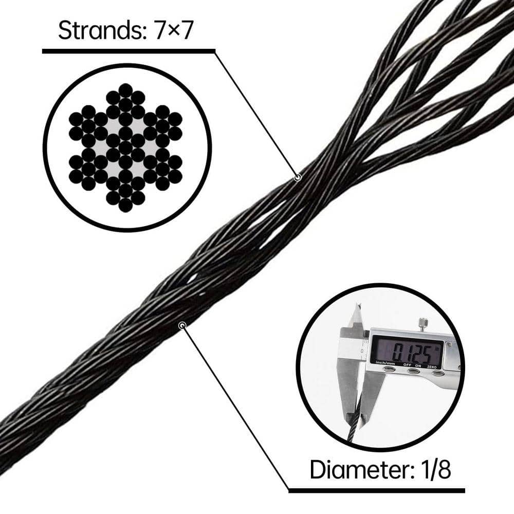 KIWDZFU Marine Grade Stainless Steel Wire Rope for Cable Railing System 7 x 7 Strands 1/8 Black Finish with Wire Cutter 220 ft. (2)