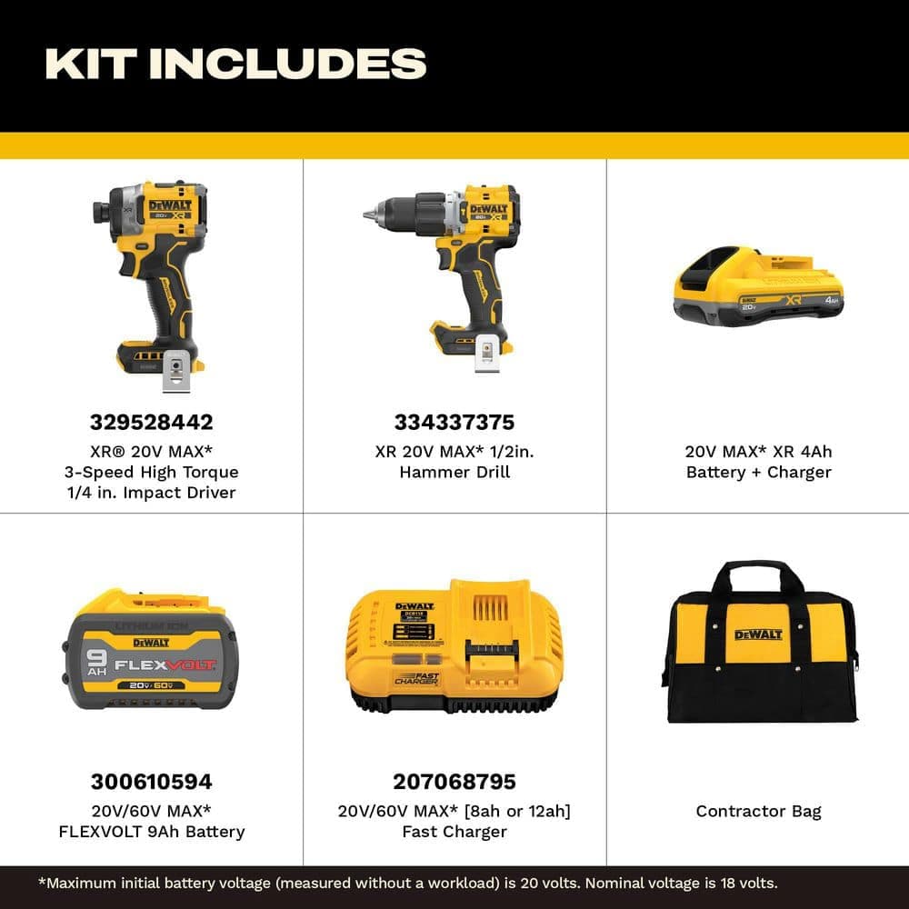 DEWALT 20V Lithium-Ion Cordless 2-Tool Combo Kit with 20V/60V FLEXVOLT 9 Ah Battery, 4 Ah Battery and Charger (3)