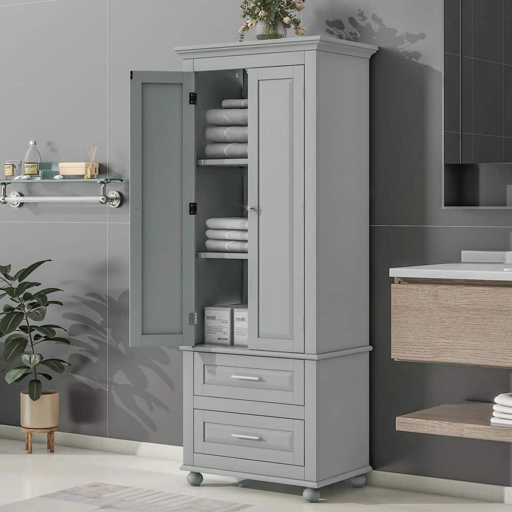 XUJMK 24 in. W x 16 in. D x 63 in. H Gray Linen Cabinet, Tall Storage Cabinet with 2-Drawers for Bathroom/Office (3)