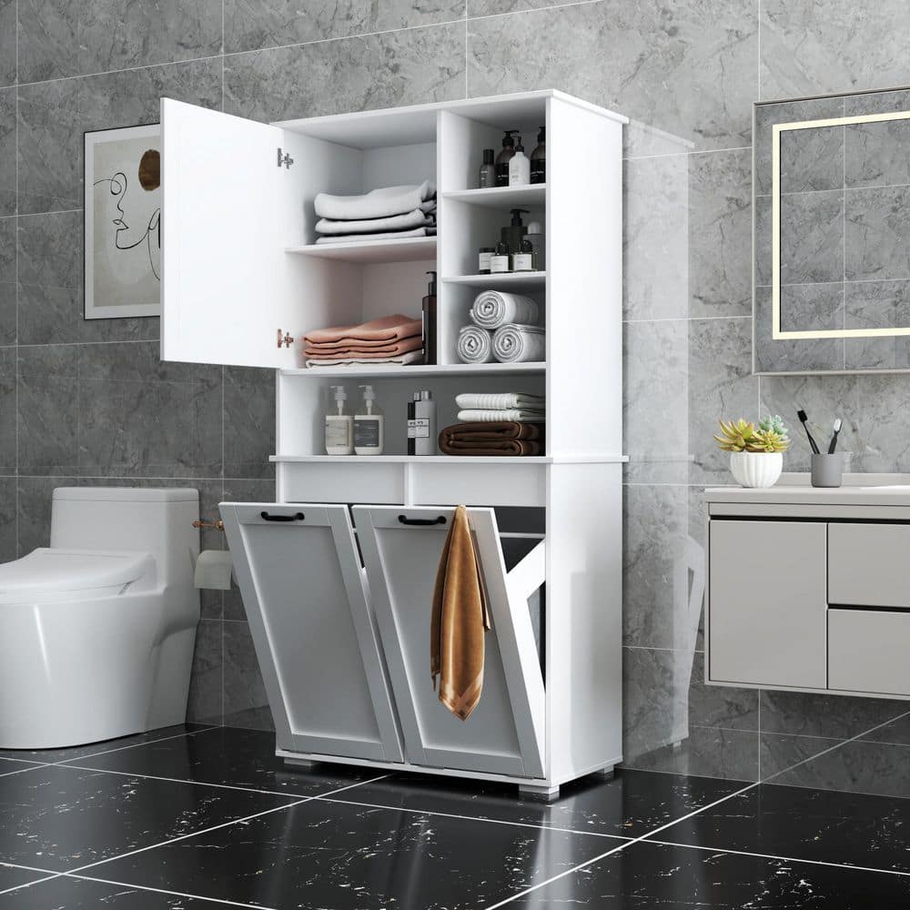 Unbranded 31.5 in. W 15.75 in. D 63 in. H MDF Freestanding Linen Cabinet with Doors and Adjustable Shelf