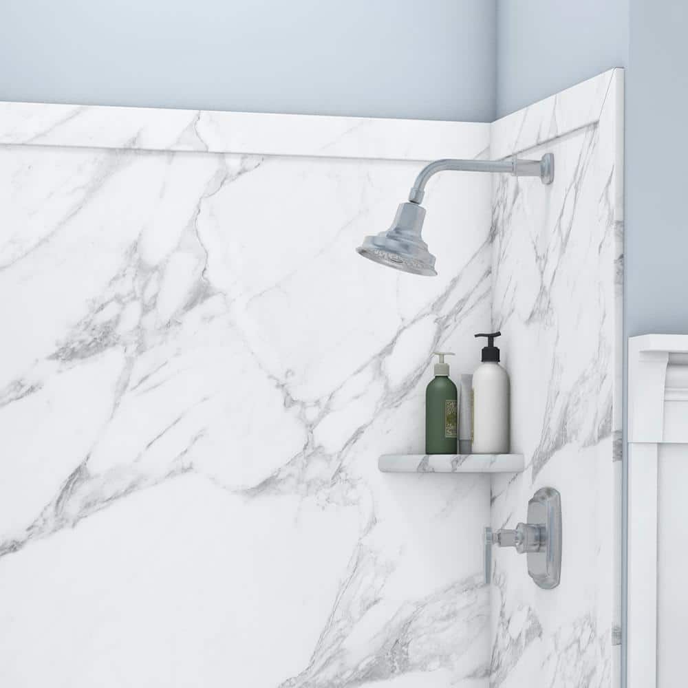 FlexStone Elegance 36 in. x 48 in. x 80 in. 9-Piece Easy Up Adhesive Alcove Shower Wall Surround in Calacatta White (3)