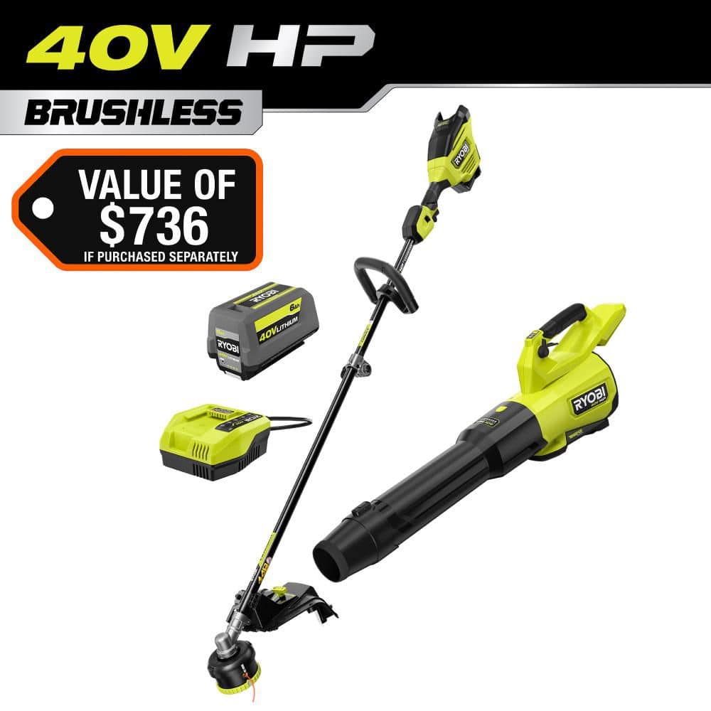 RYOBI 40V HP Brushless 17" Cordless Attachment Capable String Trimmer & 180 MPH 800 CFM Blower with 6.0 Ah Battery & Charger