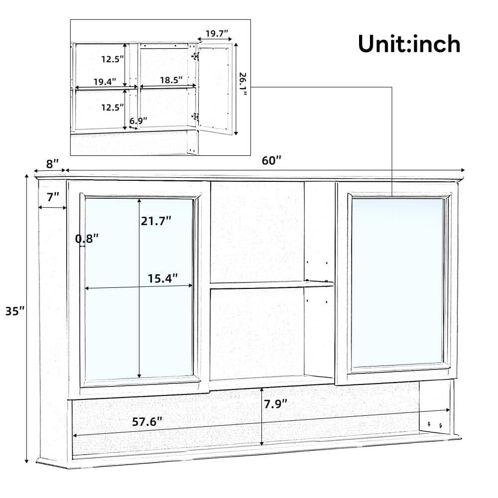 XUJMK 60 in. W x 8 in. D x 35 in. H Bathroom Storage Wall Cabinet, Storage Cabinet in Black with Mirrored, Adjustable Shelves (2)
