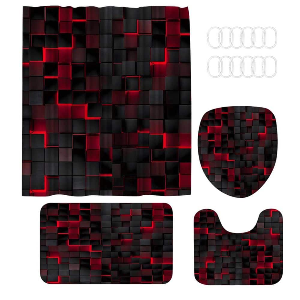 Wudkey 4-Piece 70.8 in. W x 70.8 in. L 3D Cubes Polyester Shower Curtain Set in Black Red with Rugs and 12 Hooks for Bathroom (1)