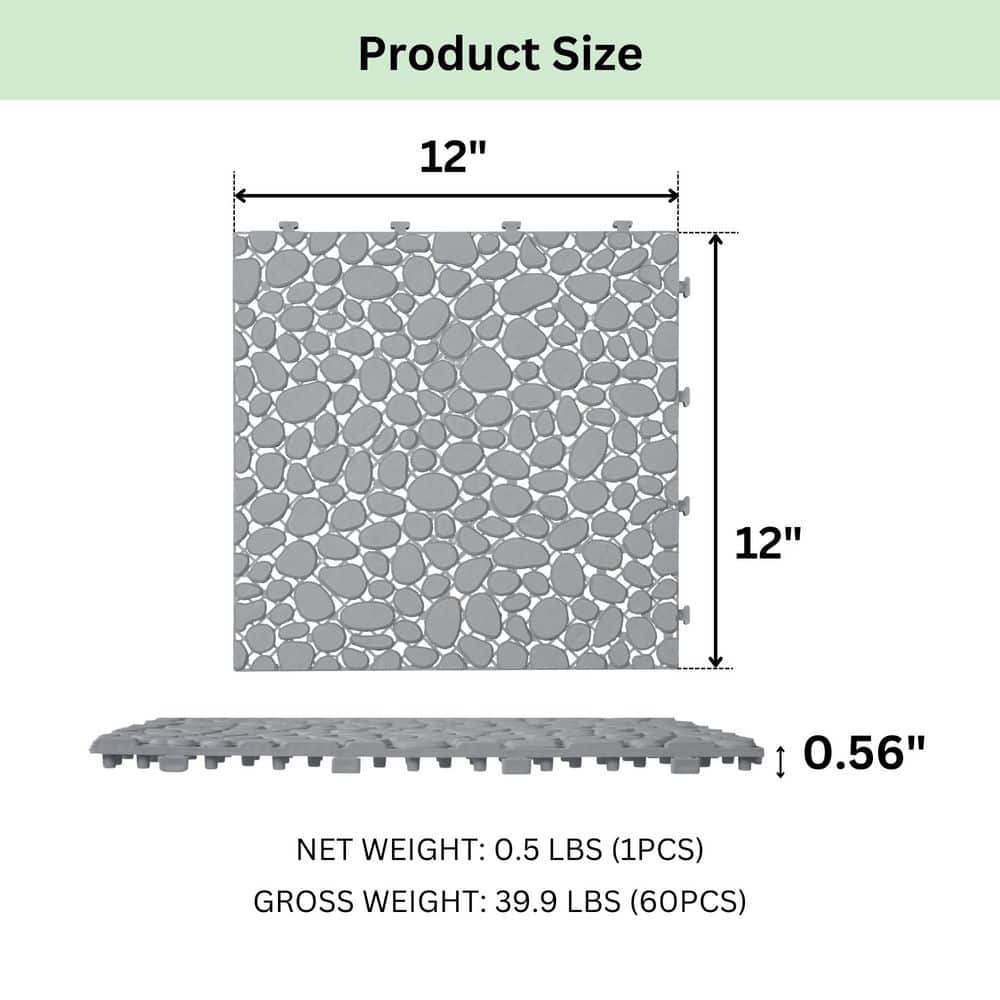 Unbranded 12 in. x 12 in. Gray PVC Interlocking Deck Tiles Plastic Waterproof Outdoor Pebble Stone Pattern (Pack of 60) (2)
