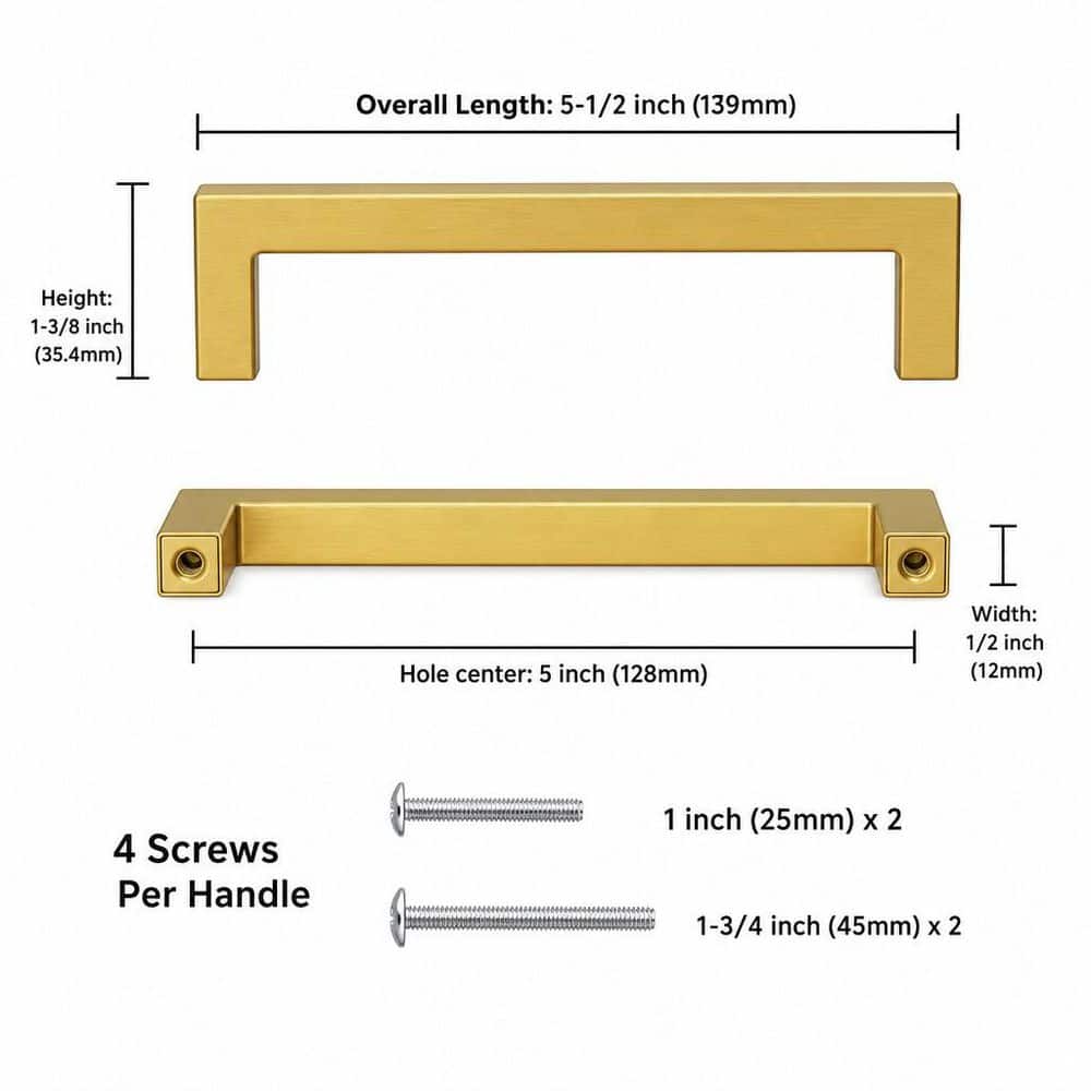 Numhew 5 in. Gold Cabinet Pulls, 30-Pack Brushed Brass Cabinet Pulls, Gold Kitchen Handles, Square Cabinet Hardware (2)