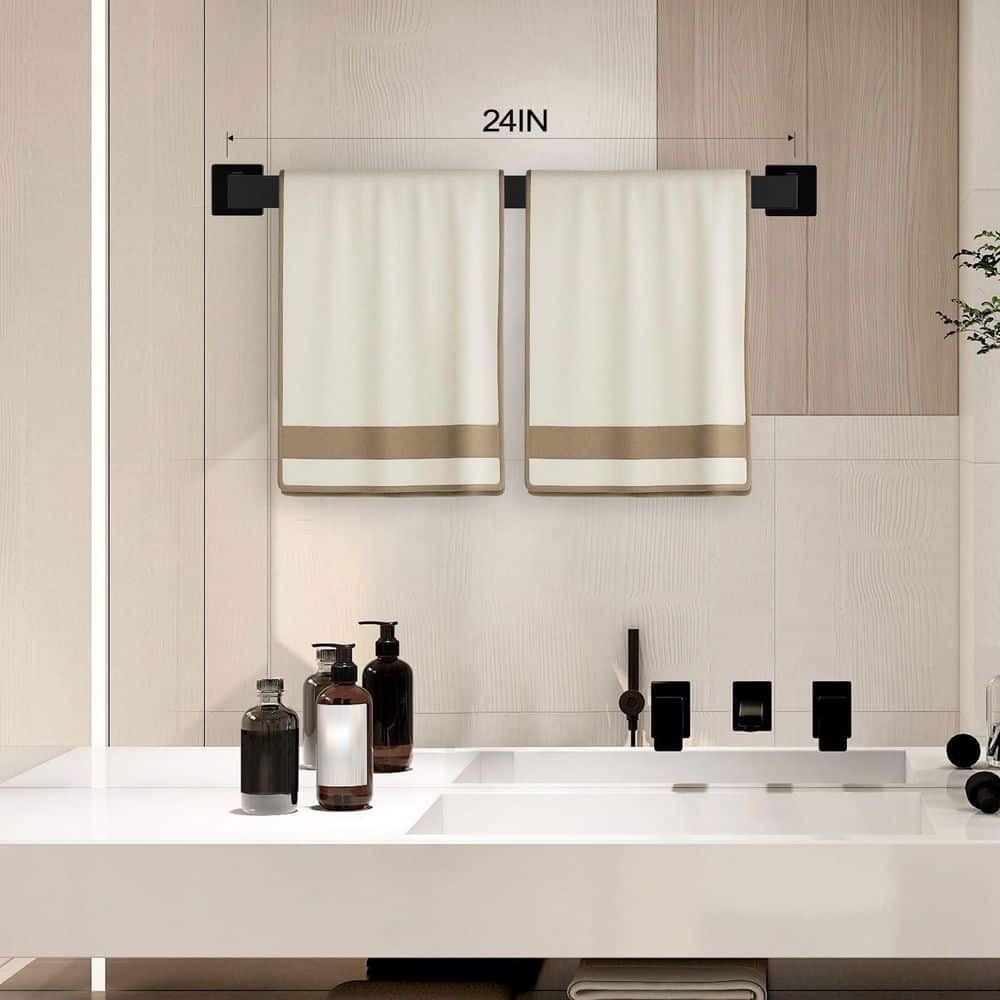 Anqtovp 5 Piece Matte Black Bathroom Accessories Set with 23.6 in Towel Bar, Toilet Paper Holder, Towel Ring, 2 Hooks (3)