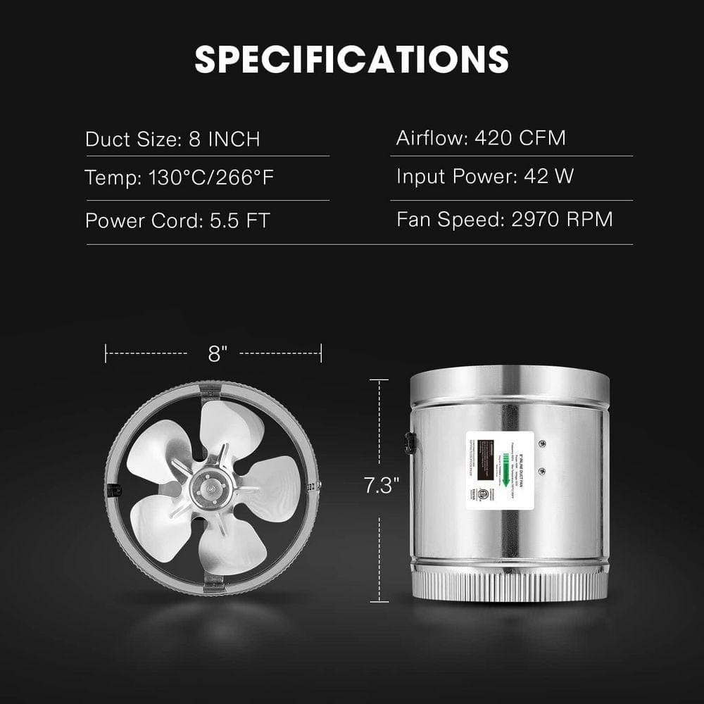 DENIME BBAY INC 8 in. Inline Duct Fan 420 CFM, HVAC Exhaust Ventilation Fan with Low Noise, Silver Electric Powered Galvanized Steel (3)