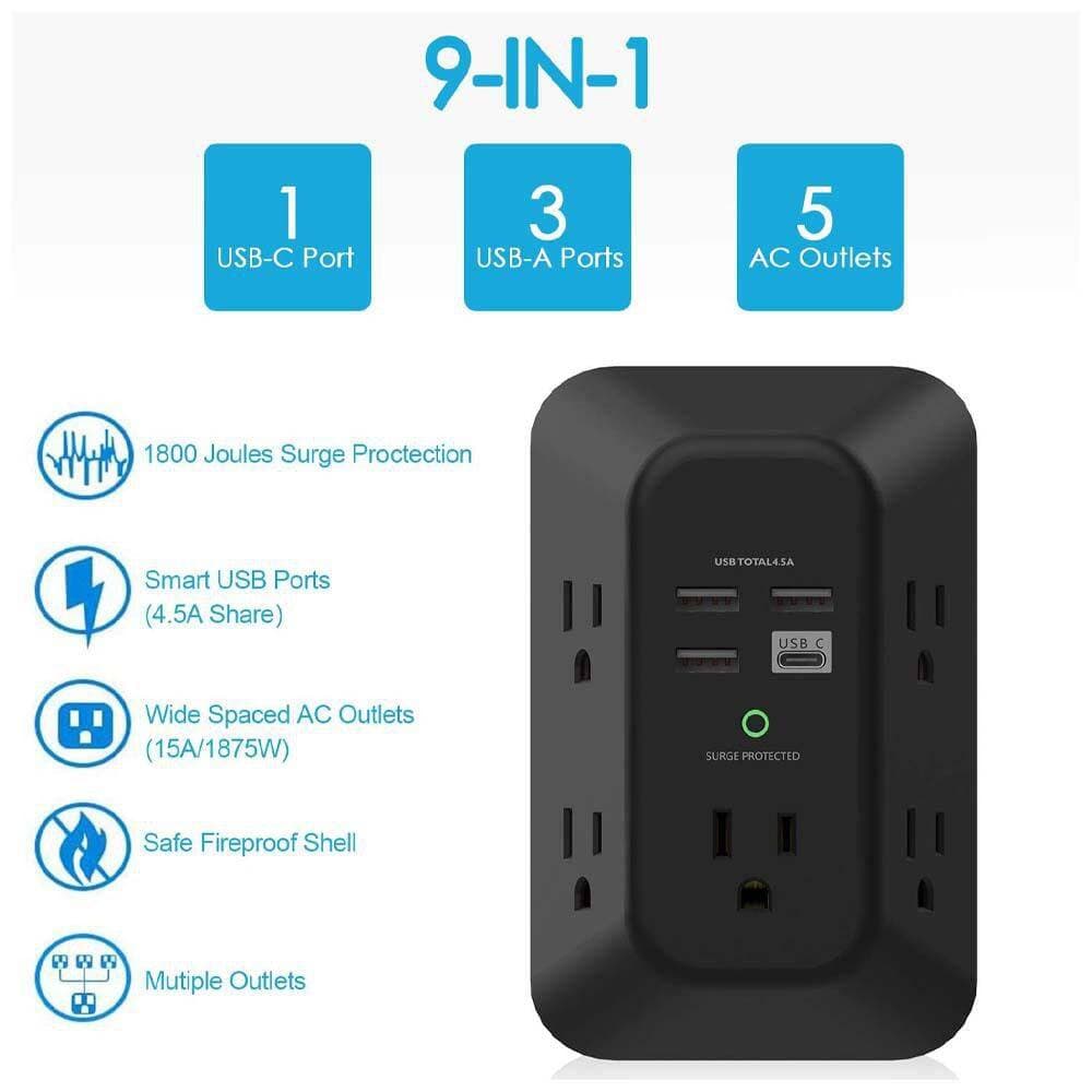 Yichuhaoxi 5-Outlet Extender Wall Charger with 4-Ports USB A, 1-Port USB C, Surge Protector, 3-Sided, 1800J, Black (2)