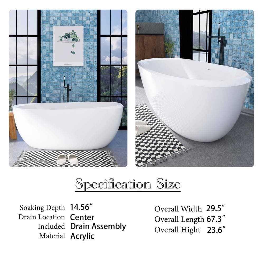 Unbranded 67 in. x 30 in. Acrylic Soaking Bathtub in Gloss White with Center Drain in Polished Chrome (2)