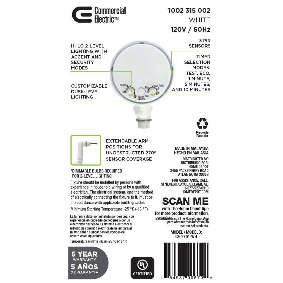 Commercial Electric 270-Degree White Motion Activated Wired Outdoor 1-Head Dusk to Dawn Security Flood Light Sensor (4)