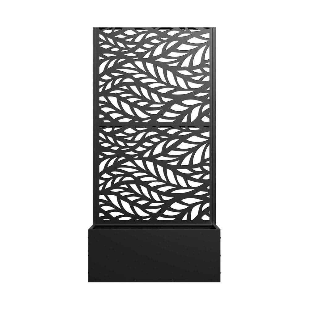 MAYEERTY 1-Piece 59 in. x 30 in. Outdoor Black Metal Planter Box with Trellis for Climbing Plants, Flowing Leaves Panel