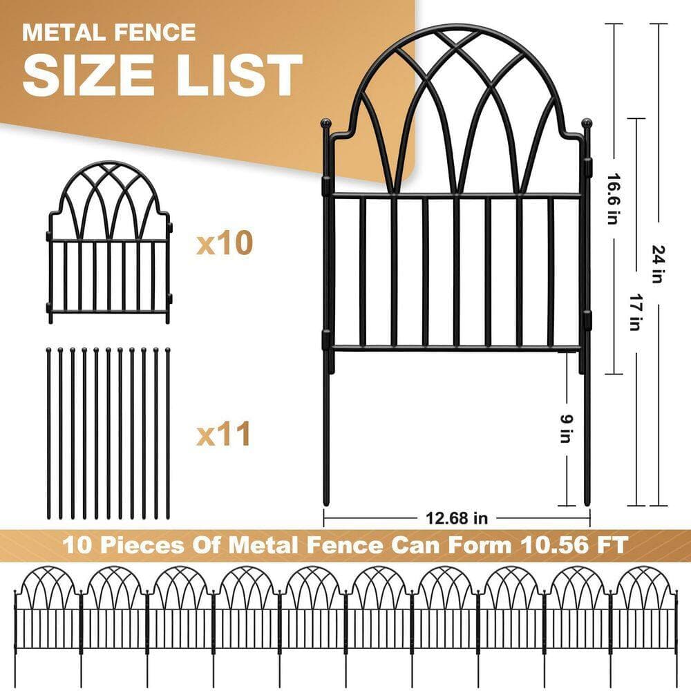 xinyoec 10.56 ft. x 1.42 ft. Black Metal Iron Arched No Dig Garden Fence Panel (10-Pack) for Dog, Flower Bed Edging (2)