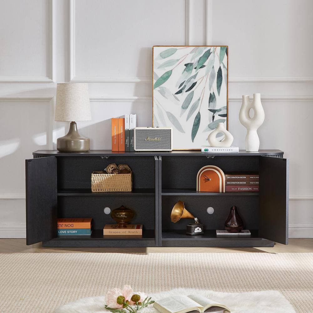 Unbranded 64 in. W x 15 in. D x 24 in. H Black Wood Linen Cabinet with Wave Pattern, Vertical Striped and 4-Doors (3)