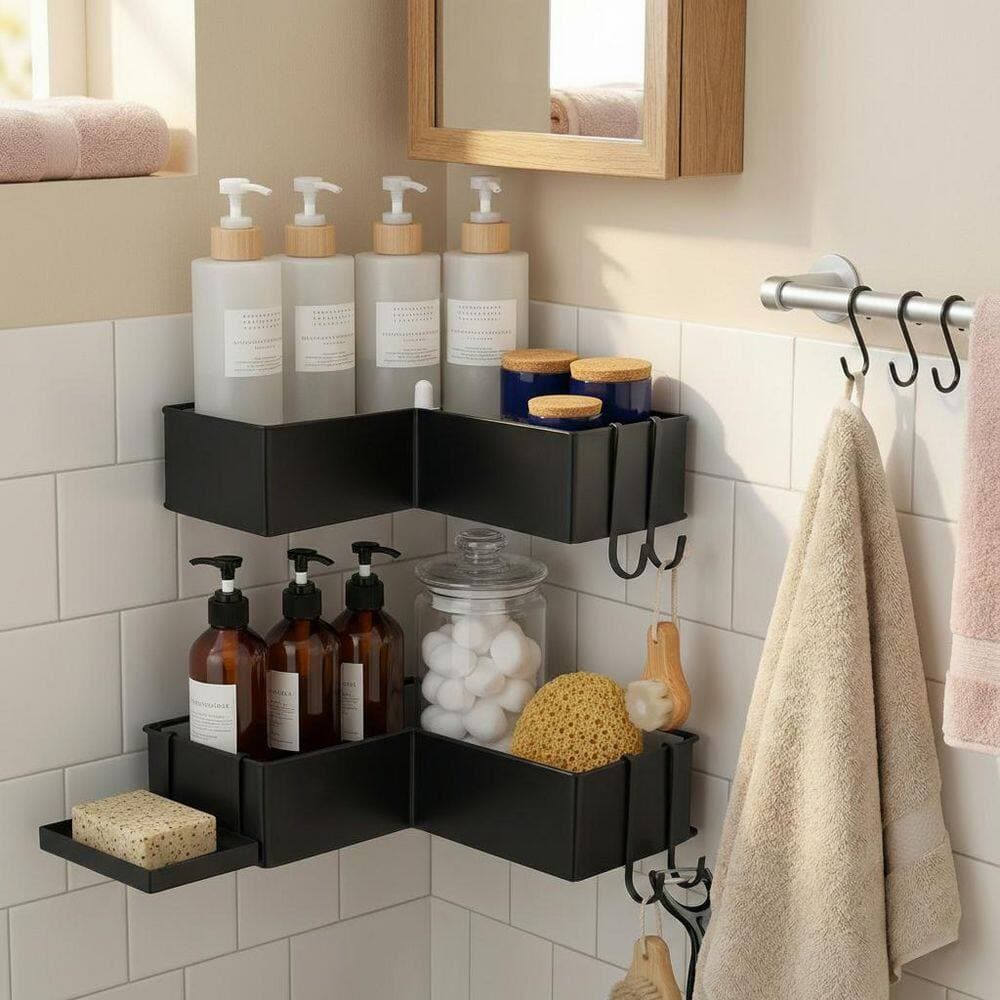 PROOX Wall Mount Adhesive Stainless Steel Corner Shower Caddy in Matte Black (2)