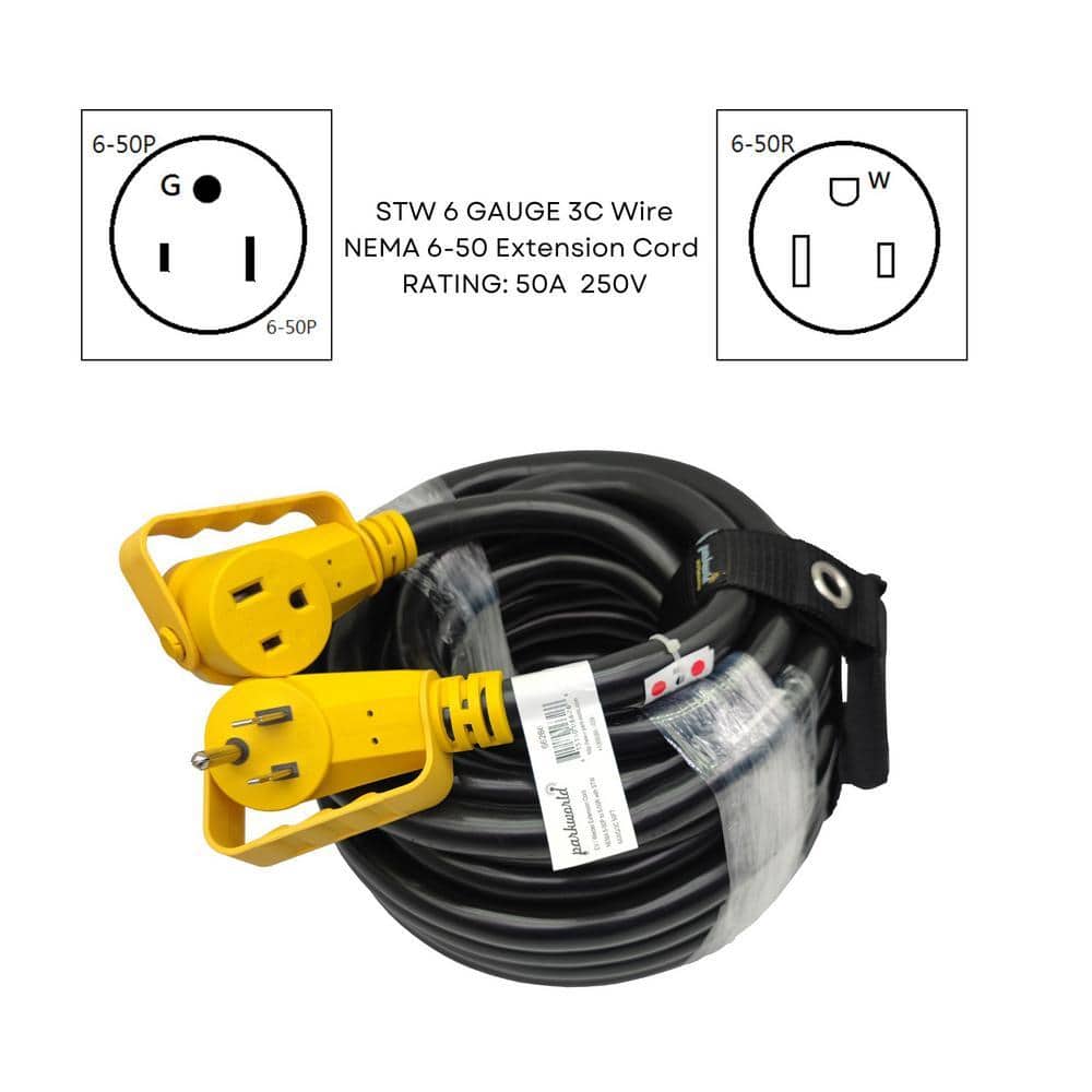 parkworld 50 ft. 6/3 Heavy Duty 50 Amp 250-Volt Outdoor NEMA 6-50 Welder/EV Charger Extension Cord and Lighted End, Black (3)