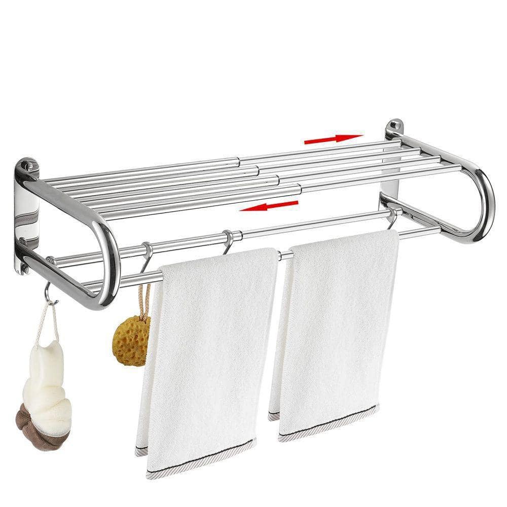 Dracelo Adjustable 15 to 26.8 in. Wall-Mounted Towel Rack with Towel Bar Rod and Hooks in Polished Chrome (1)
