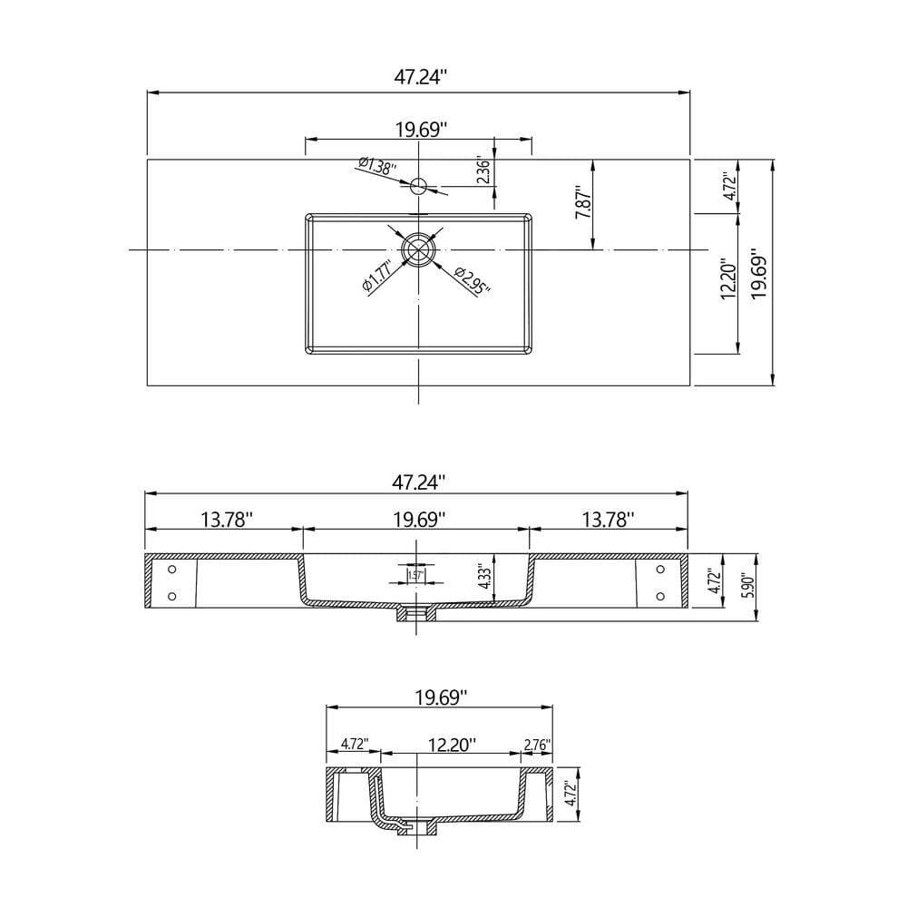 Lycvki 47.24 in. White Wall Mounted Bathroom Sink Rectangular Vessel Sinks for Bathroom (3)