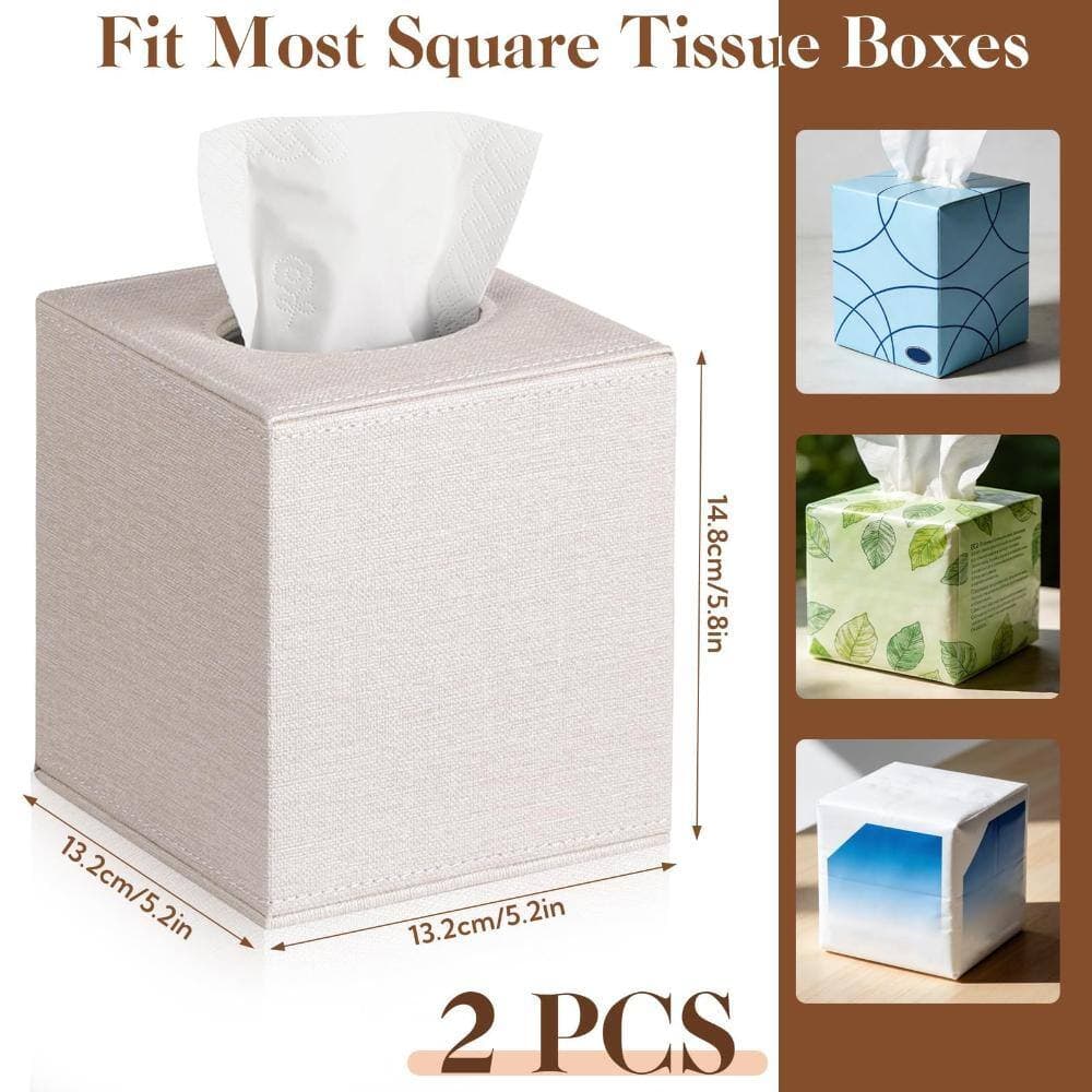 Unbranded Square Linen Tissue Box Cover 2 Pack with Magnetic Base Beige for Cube Tissue Boxes 5.2 W x 5.2 D x 5.8 H (2)