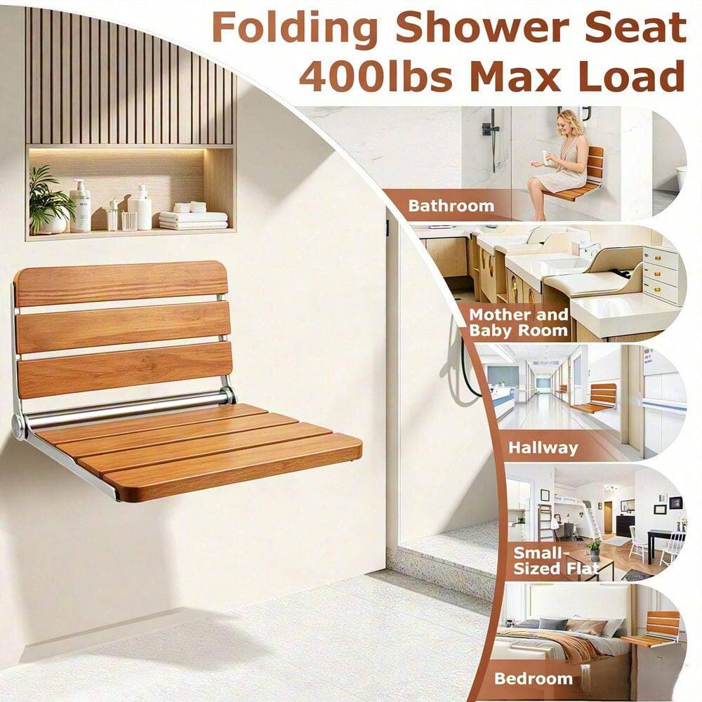 Wudkey Wall-Mount 16 in. W Space-Saving & Pinch-Proof, 304 Stainless Steel & Wood, Folding Shower Seat, in Natural (3)