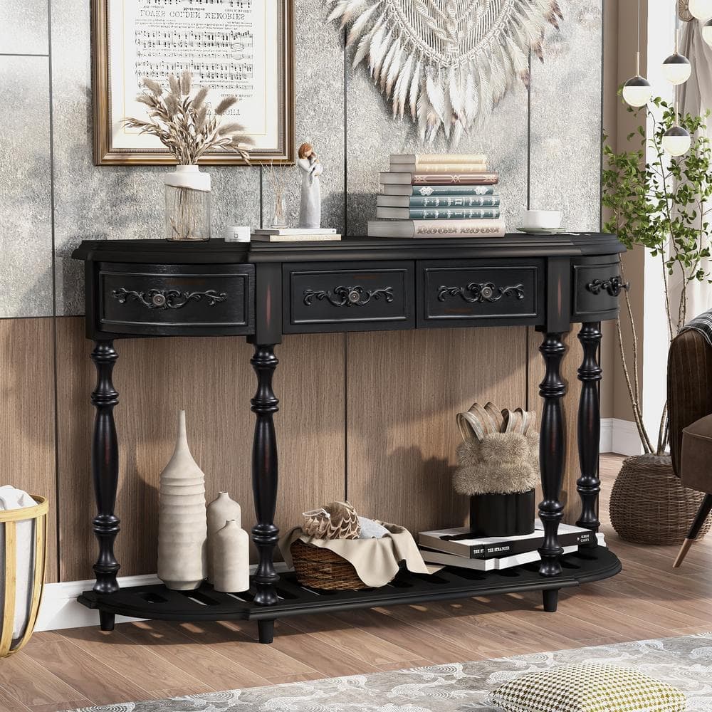 Unbranded 52 in. W x 13 in. D x 32.2 in. H Black Linen Cabinet Contemporary Curved Console Table Sofa Table with 4 Drawers, Shelf (2)