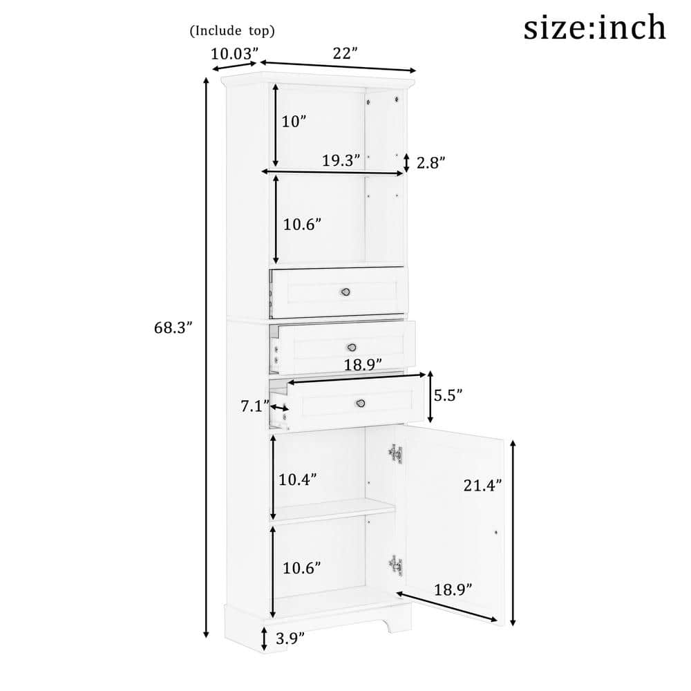 Zeus & Ruta 22 in. W x 10.03 in. D x 68.3 in. H Gray Linen Cabinet with 3 Drawers and Adjustable Shelves (2)