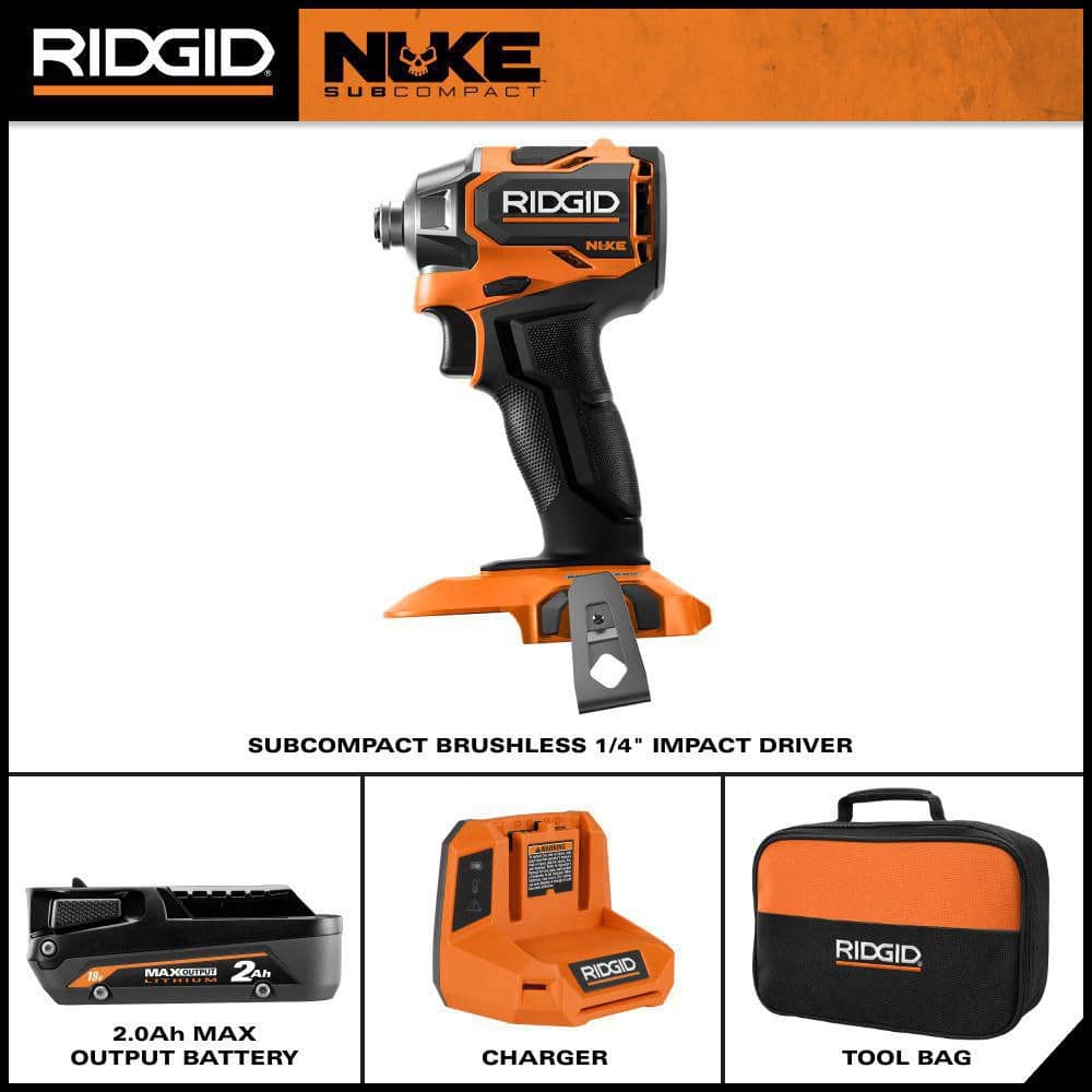 RIDGID 18V NUKE SubCompact Brushless Cordless 1/4 in. Hex Impact Driver Kit with 2Ah MAX Output Battery and Charger (3)