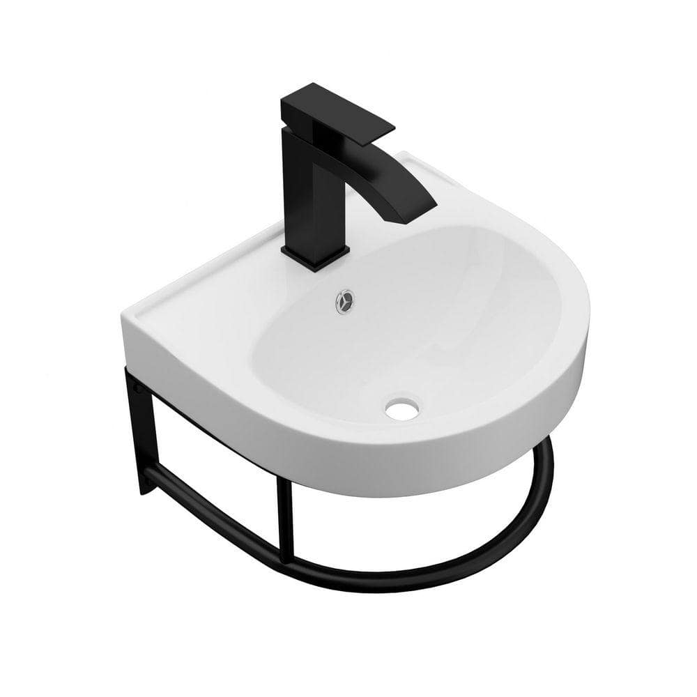 TCYO 16 in Ceramic Wall-Mounted Semi-Circular Bathroom Sink in White with Black Towel Bar and Black Faucet (1)