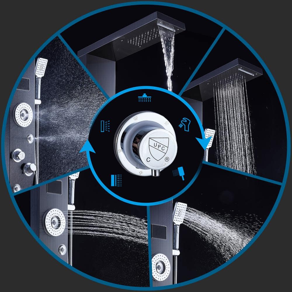 ELLO&ALLO 52 in. 6-Jet Shower Tower System with LED Rainfall Waterfall Shower Head Handshower in Black (3)