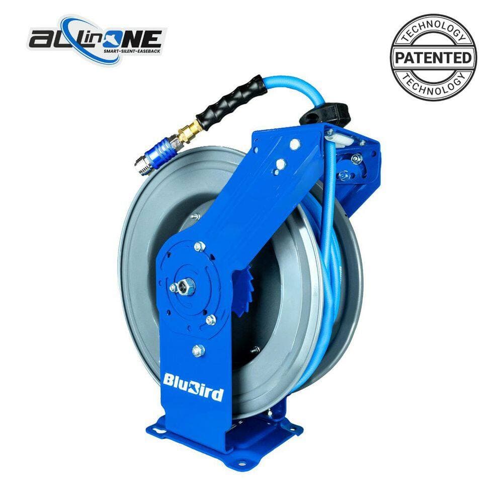 BLUBIRD 1/2 in. x 50 ft. Rubber Air Hose and Single Arm Steel Hose Reel with Swivel Mount Base, Coupler and Socket Wrench (2)