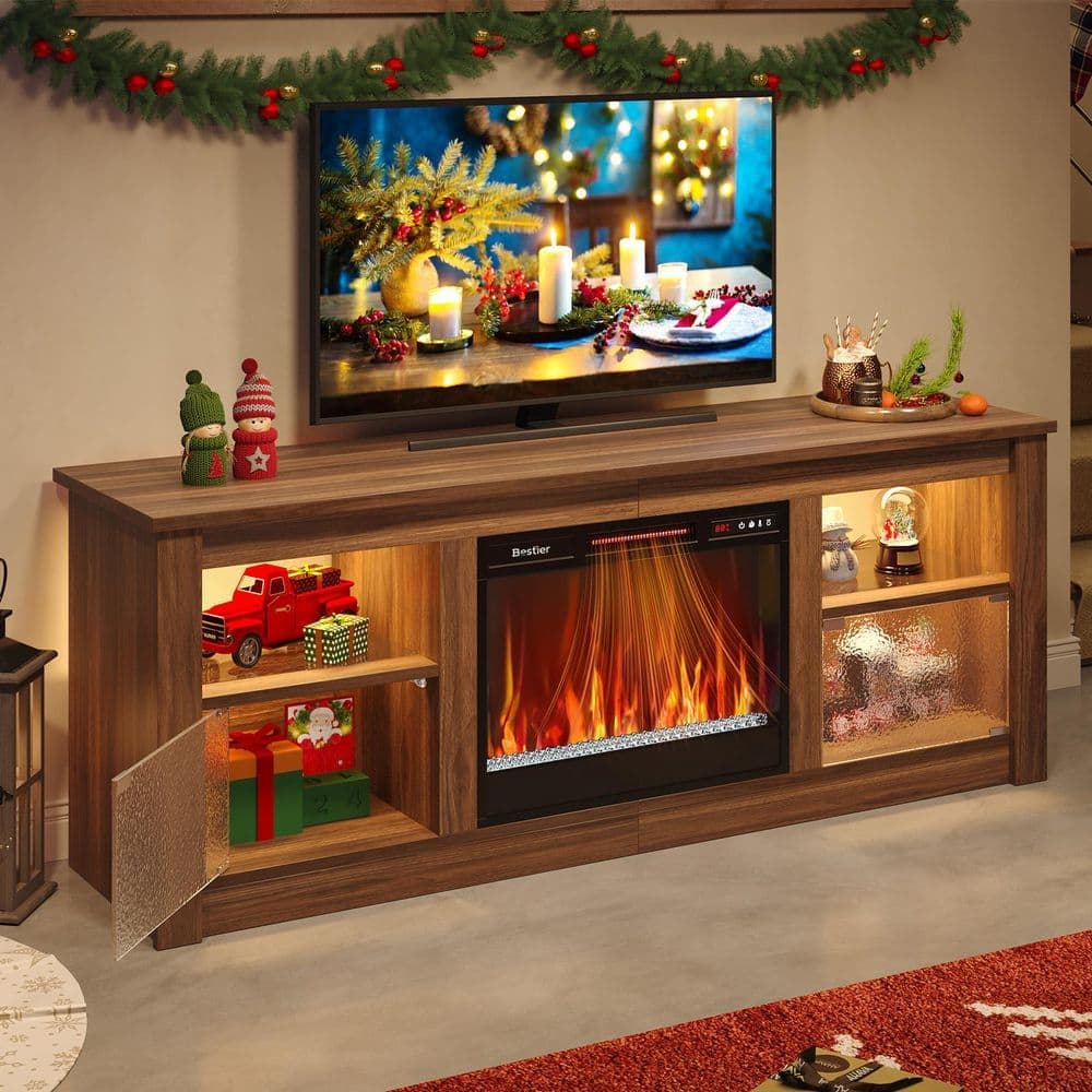 Bestier 63 in. Freestanding Media Console Electric Fireplace TV Stand Fits TV'​s Up to 70 in. with Cabinet in Walnut