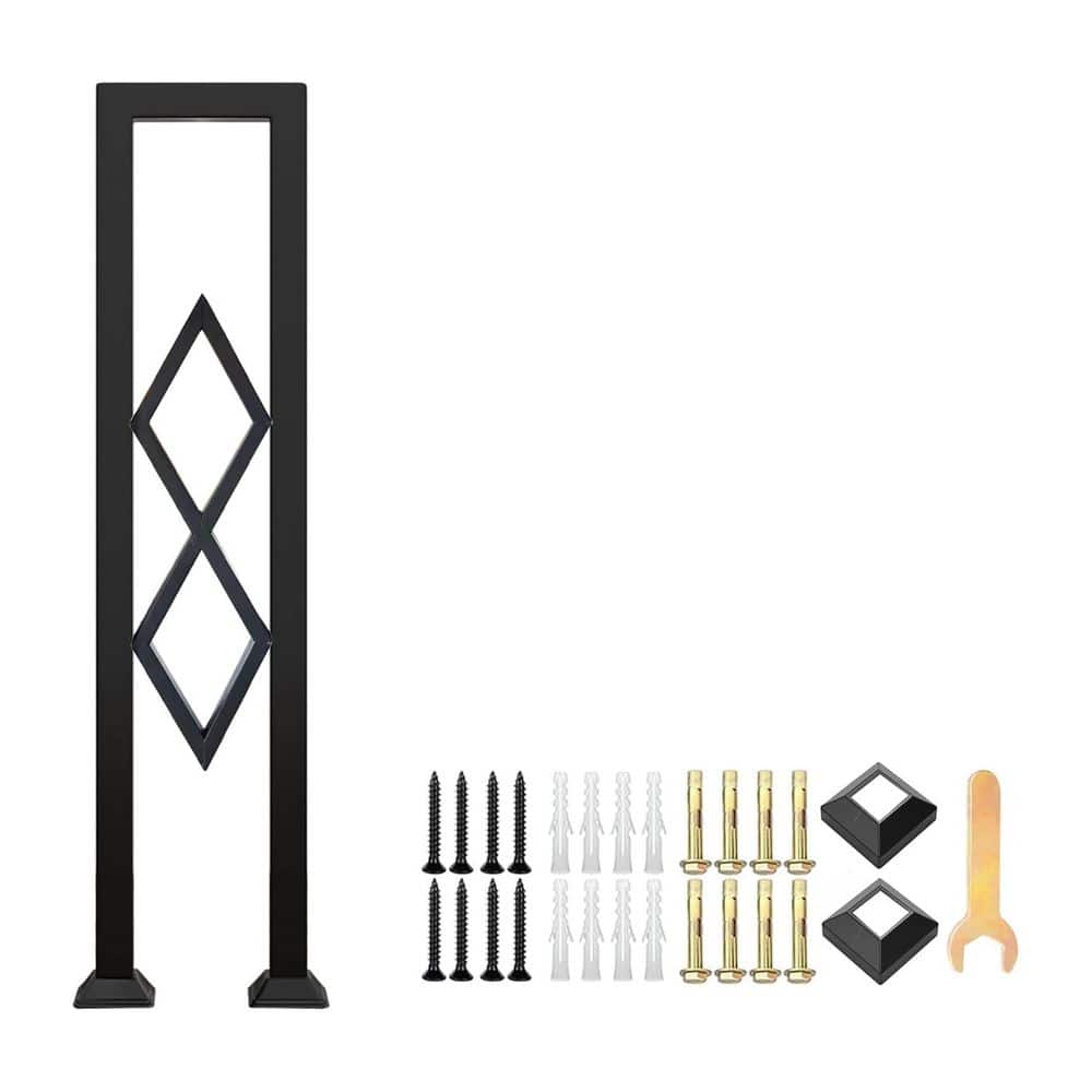 Unbranded 3 ft. Black Wrought Iron Handrail U-Shaped Indoor Decorative Railing with Diamond Pattern Non-Slip Support (1)