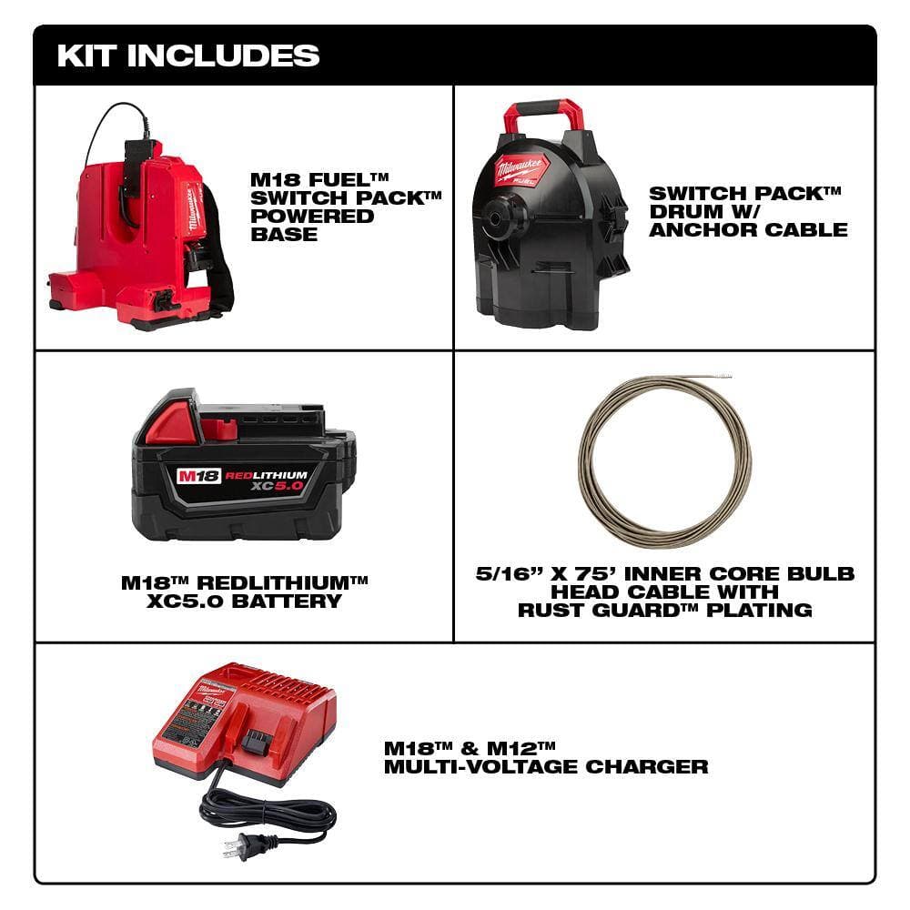 Milwaukee M18 FUEL18-Volt Lithium-Ion Cordless Drain Cleaning 5/16 in. SwitchPack Sectional Drum System Kit with FORGE 8.0 Battery (2)