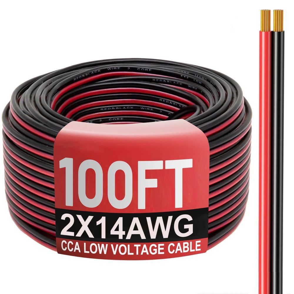 Adrinfly 100 ft. 12 / 24V 14 / 2 AWG Copper Clad Aluminum 2 Conductors Electrical Wire Red Black Cable, Low Voltage. 1-Pack