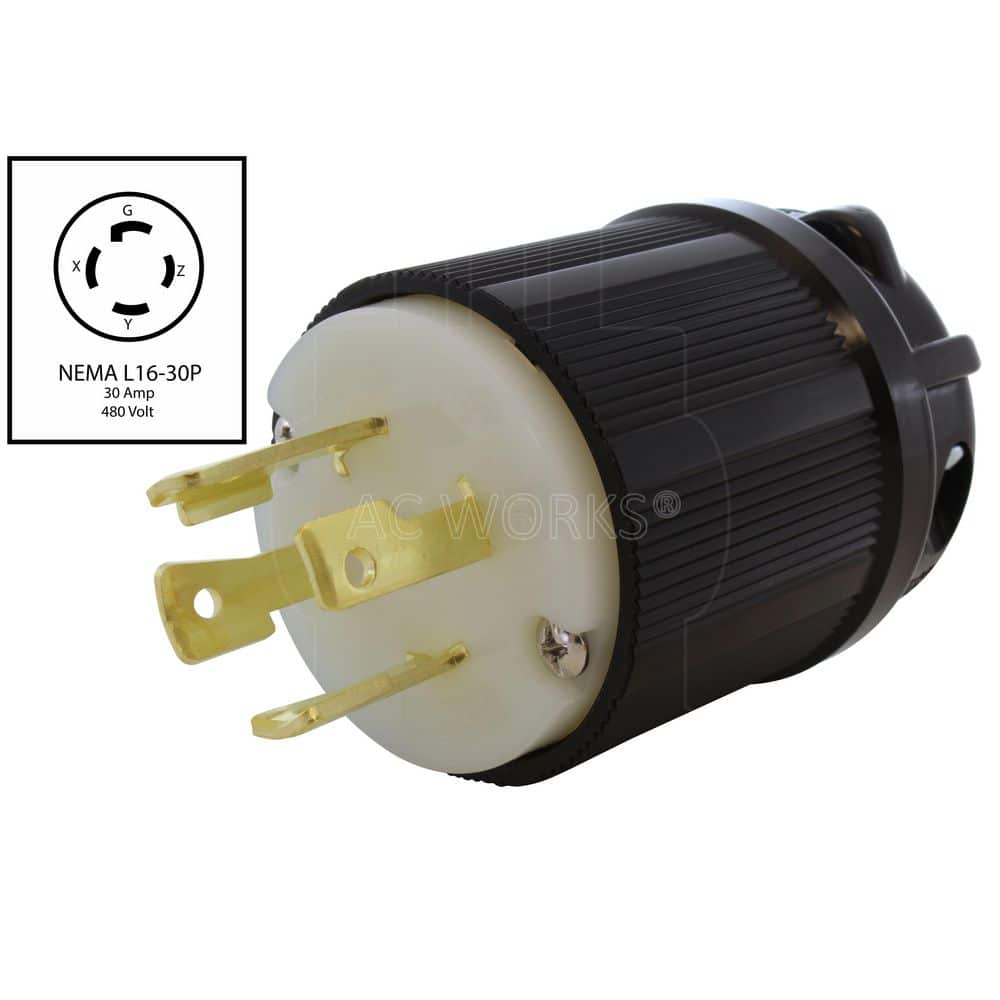 AC WORKS NEMA L16-30P 3-Phase 30A 480V 4-Prong Locking Male Plug in Black with UL, C-UL Approval (2)