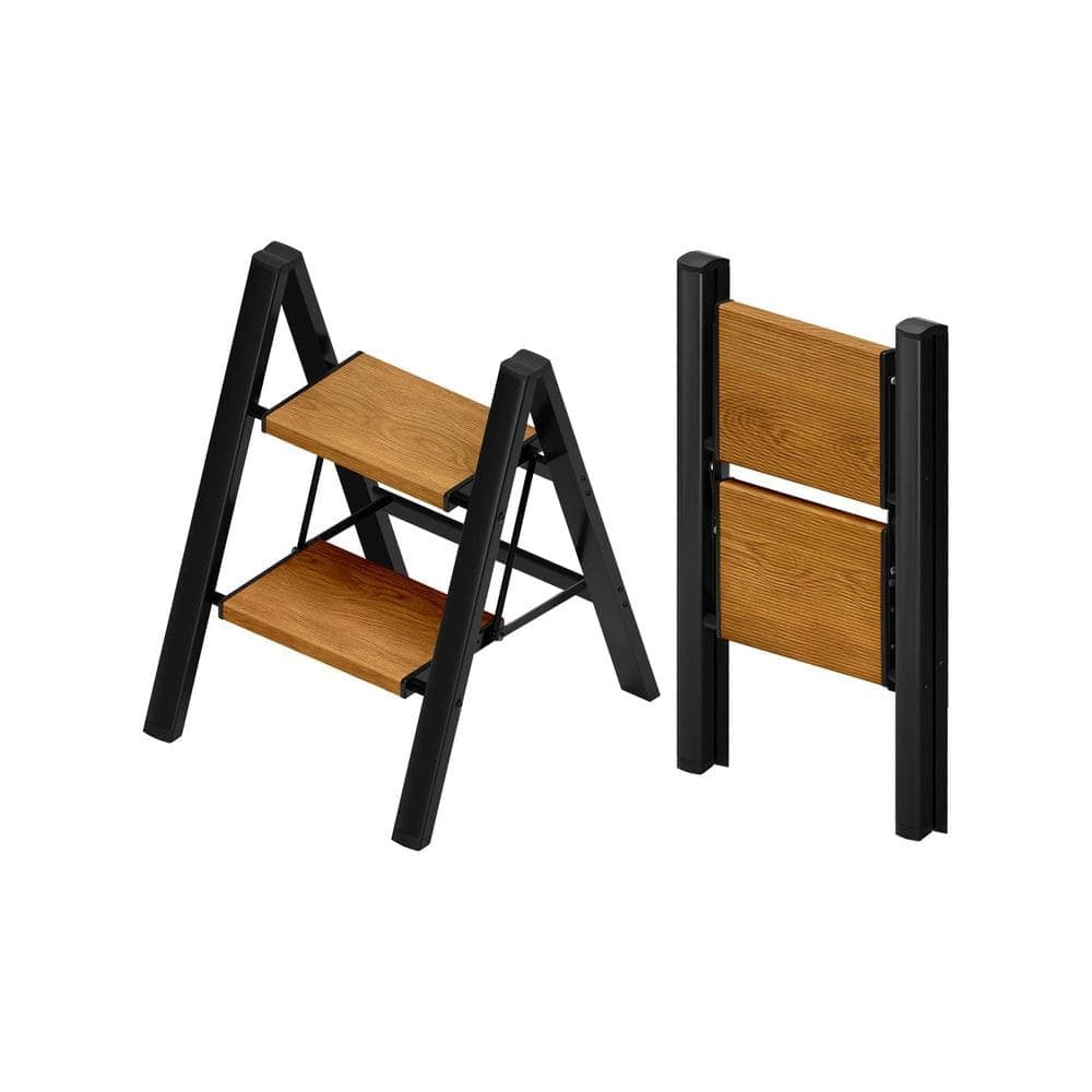 xinyoec 2-Step Reach Height Aluminum Folding Step Ladder, 330 lbs Capacity Black and Woodgrain Step Stool for Home Kitchen Use