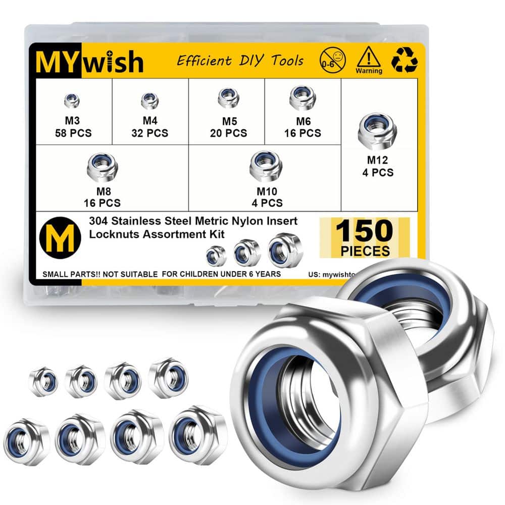 MYWISH 150-Piece Metric Nylon Lock Nuts Assortment Kit, 304-Stainless Steel Hex Nuts, M3-M12 (1)