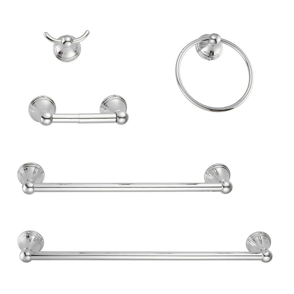 KHKFY 5-Piece Chrome Polished Bathroom Hardware Set, Wall Mount 20 in. and 16 in. Towel Bars, Towel Ring, TP Holder, Hook (1)
